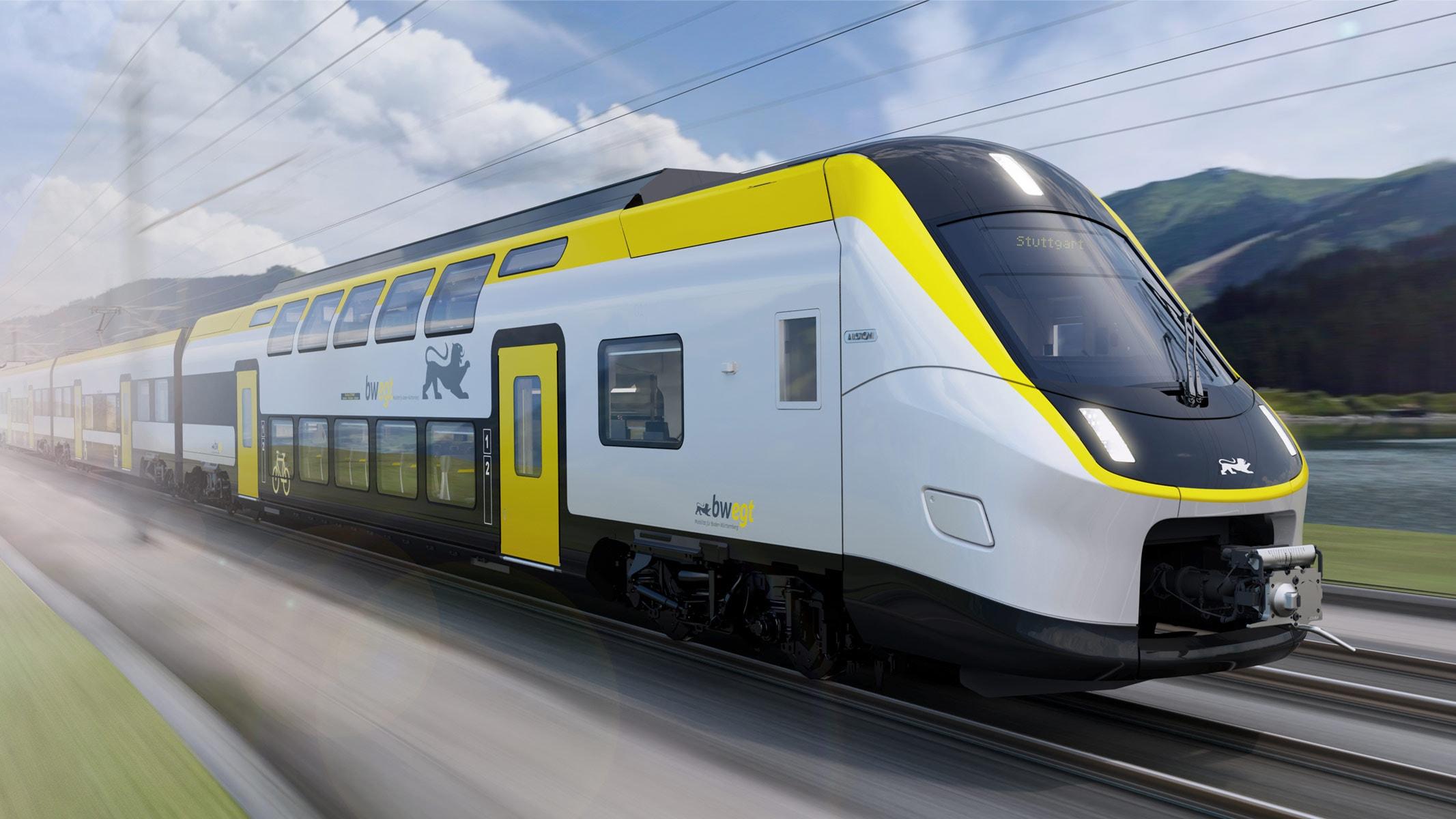 Neuer Regionalzug im Landesdesign fährt mit hoher Geschwindigkeit durch Baden-Württemberg
